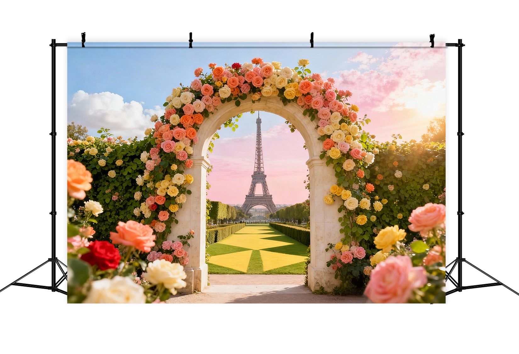 Rosengarten-Hintergrund Eiffelturm Toransicht Fotohintergrund Blumen LXX61-193