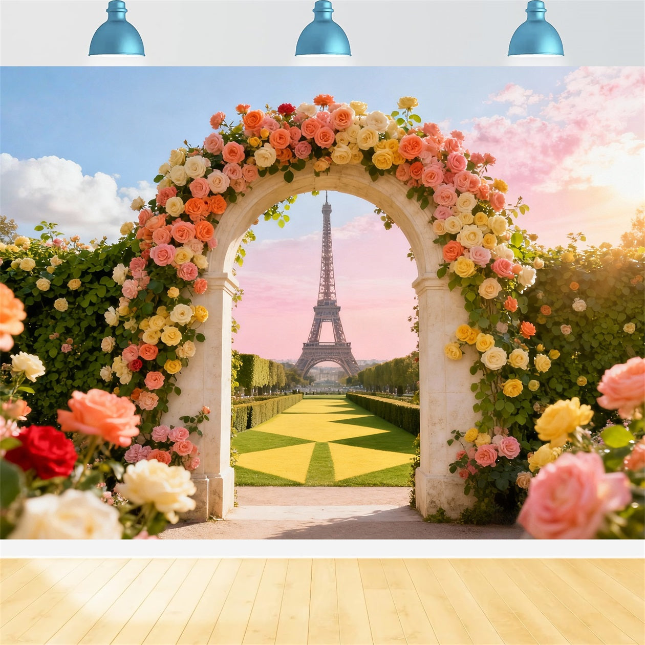 Rosengarten-Hintergrund Eiffelturm Toransicht Fotohintergrund Blumen LXX61-193