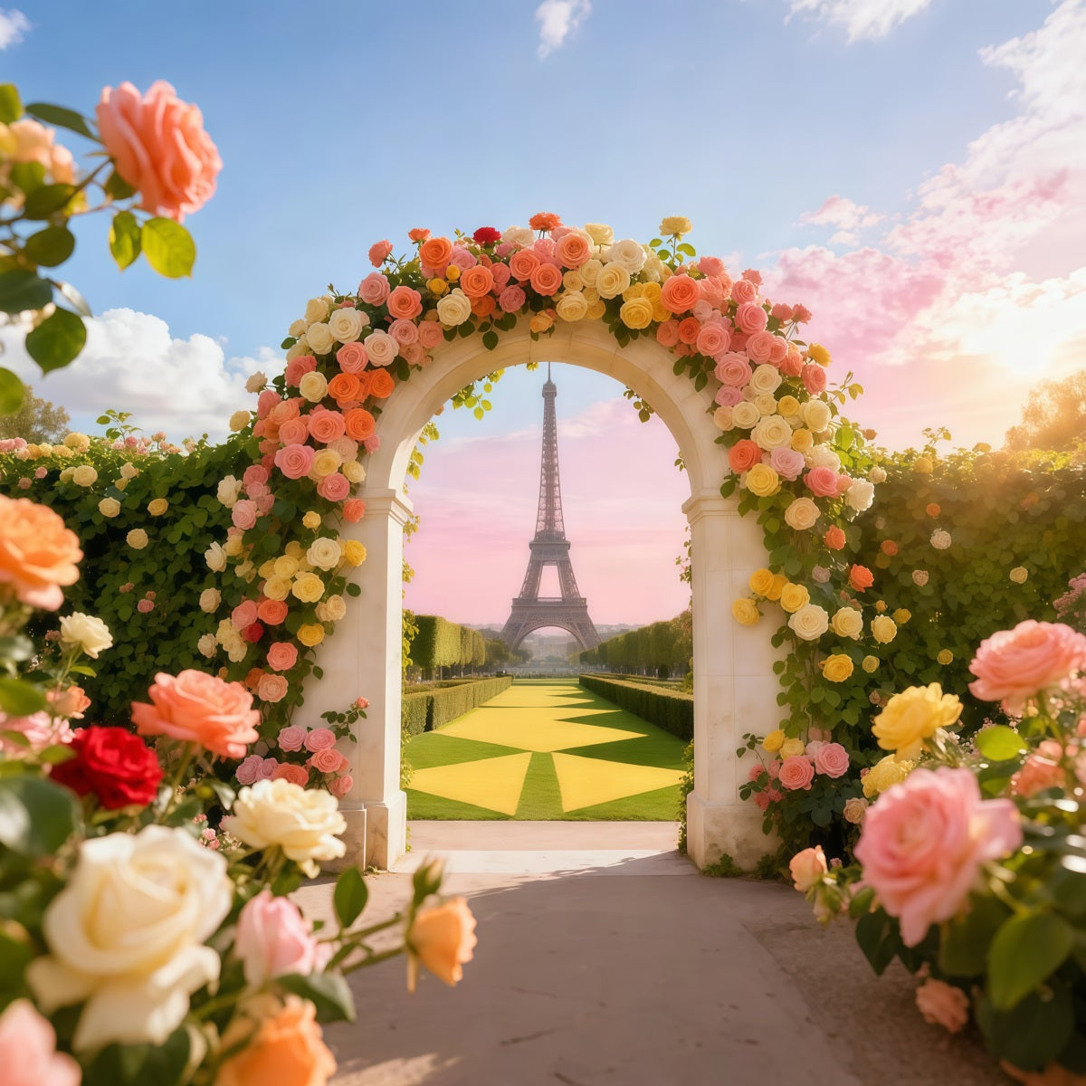 Rosengarten-Hintergrund Eiffelturm Toransicht Fotohintergrund Blumen LXX61-193