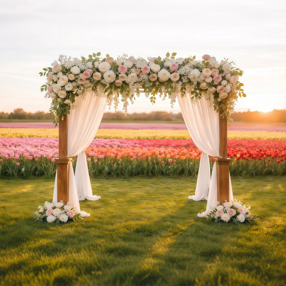Tulpen-Hintergrund Blumenfeld Hochzeitsbogen Leuchtende Blumen-Foto-Hintergründe LXX61-195