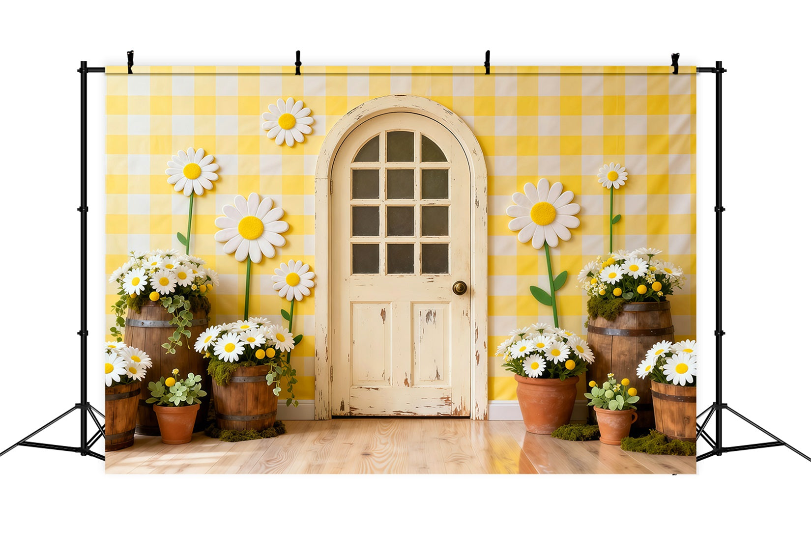 Gänseblümchen-Hintergrund Gingham Cottage Tür Blumenwand Blumengirlanden-Hintergrund LXX61-198