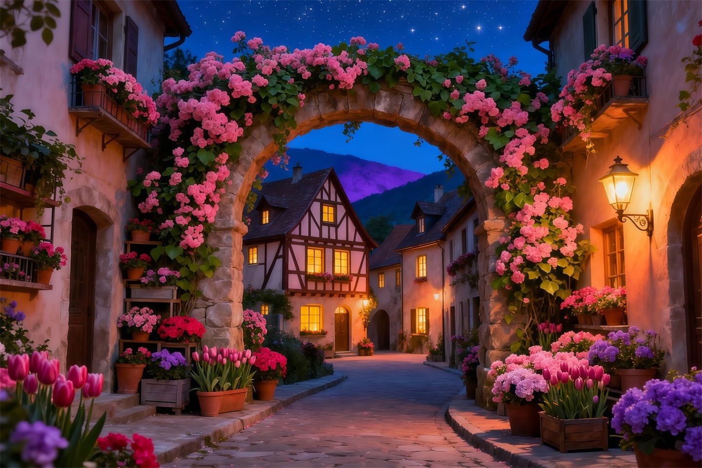 Verzauberter Garten-Fotohintergrund Dämmerungsdorf Blumenbogen Blumenstoff-Hintergrund LXX61-210