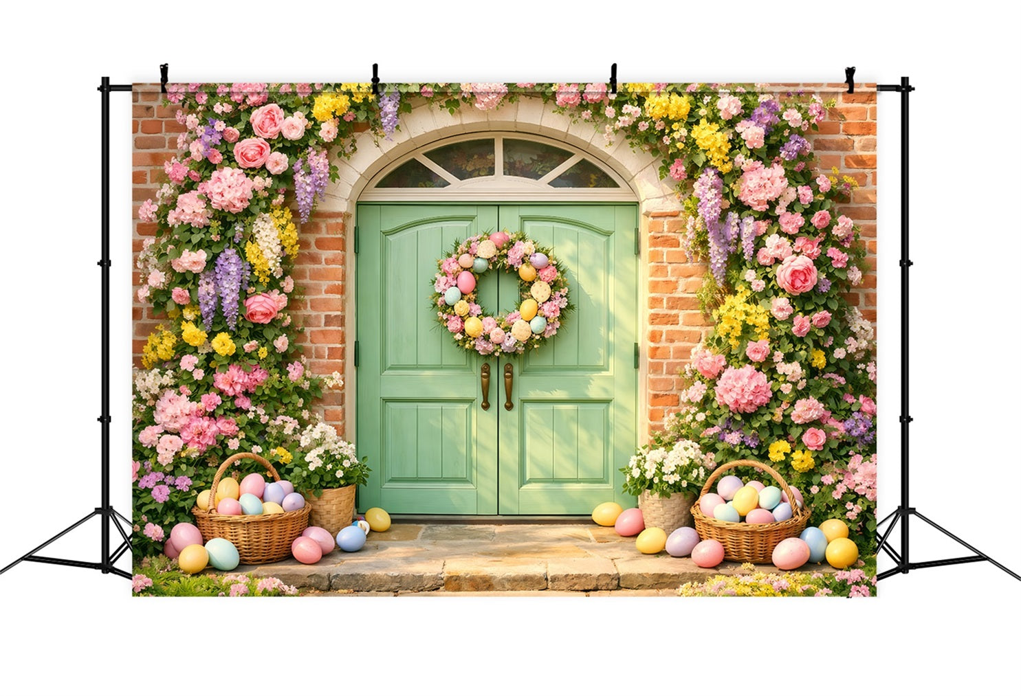 Osterei-Hintergrund Pastellfarbene Blumentür Eierkranz 10x10 Ostern-Hintergründe LXX61-37
