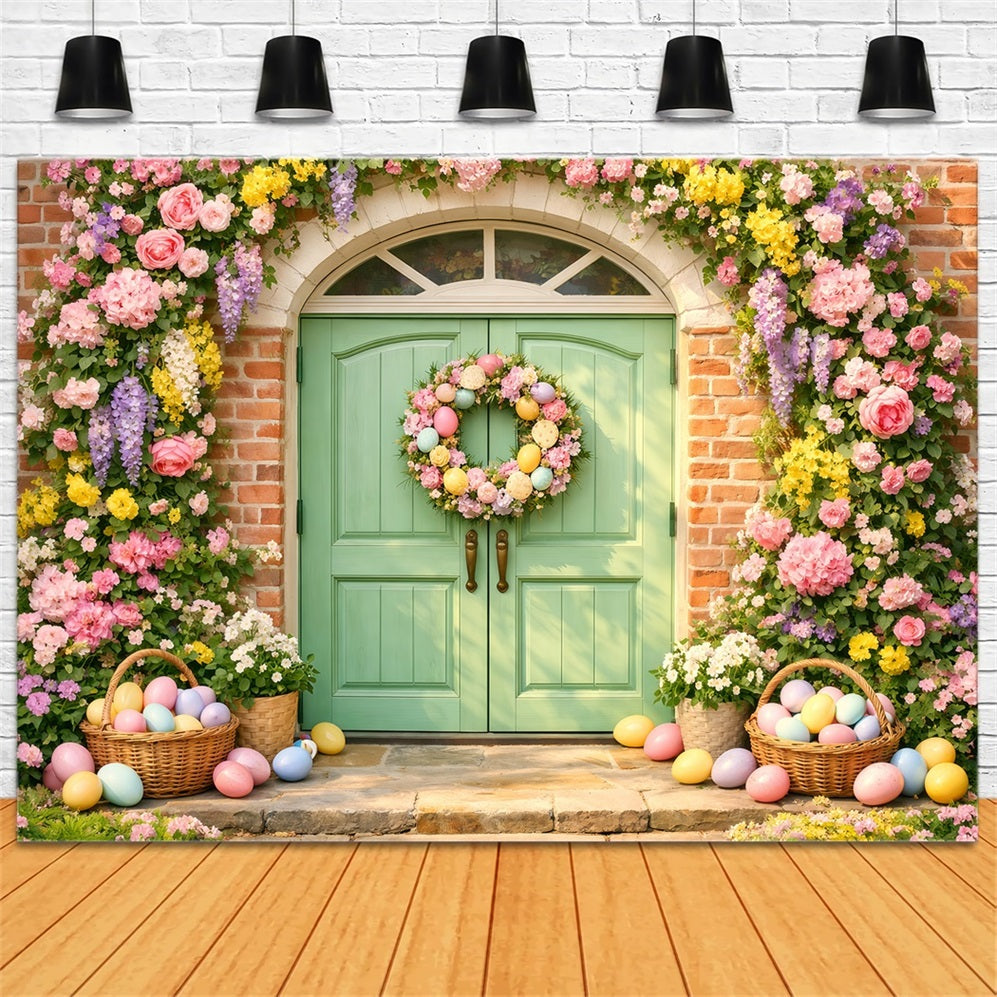 Osterei-Hintergrund Pastellfarbene Blumentür Eierkranz 10x10 Ostern-Hintergründe LXX61-37