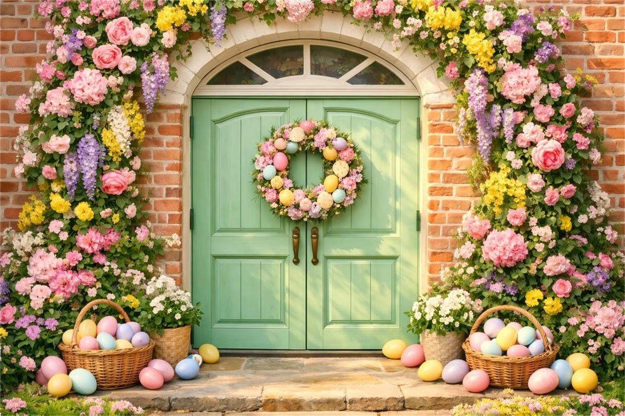 Osterei-Hintergrund Pastellfarbene Blumentür Eierkranz 10x10 Ostern-Hintergründe LXX61-37