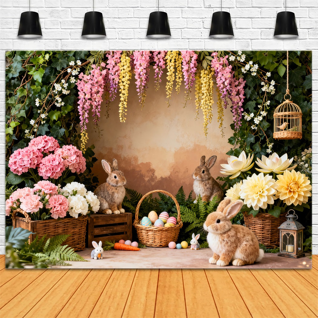 Osterhase-Bildhintergrund Gartenblumenstrauß Eierkorb-Hintergrundideen für Ostern LXX61-38