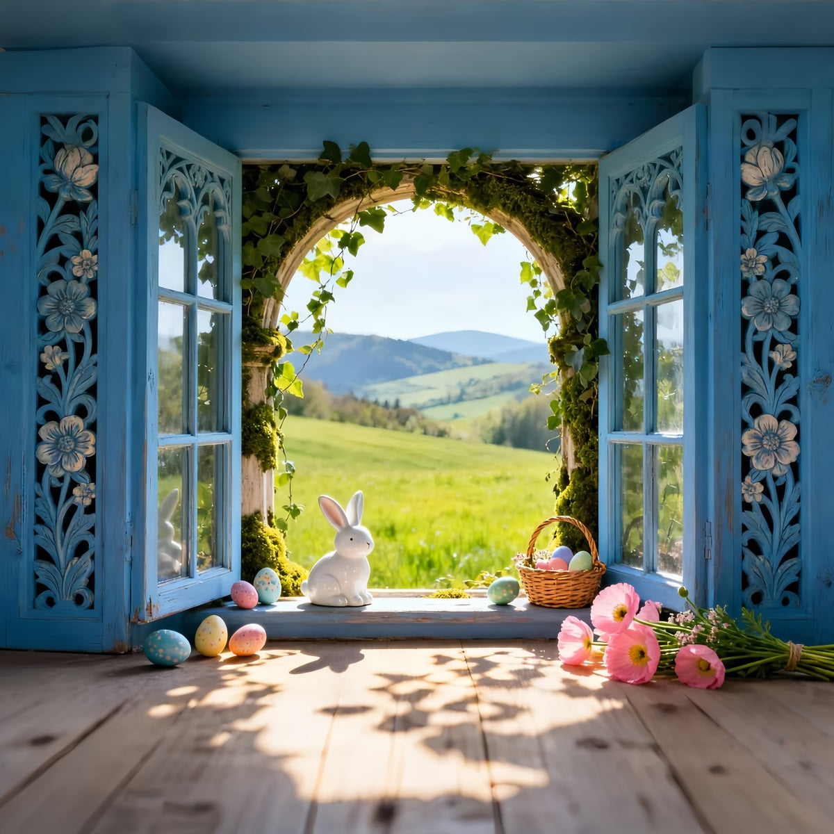 Hase-Fotohintergrund Sonnige Wiese Fenster Eier Fotokabine Oster-Hintergrundideen LXX61-39