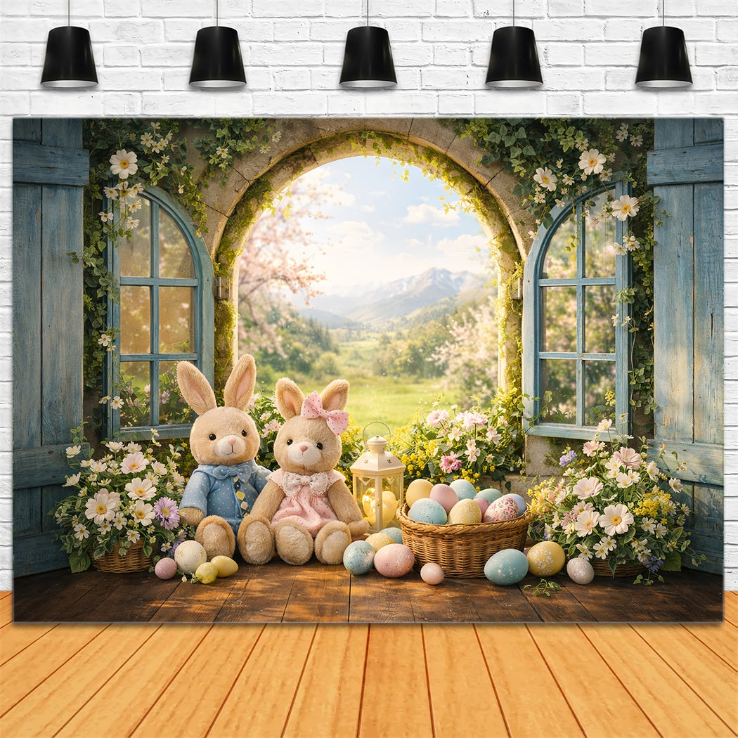 Hase-Fotohintergrund Frühlingsbogenfenster Wildblumen Fotokabine Oster-Hintergrundideen LXX61-40