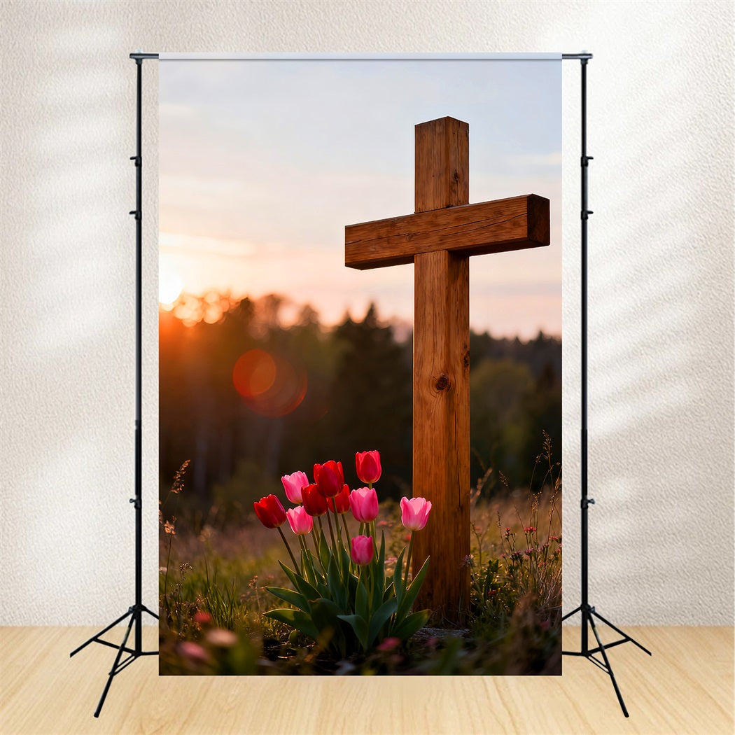 Christliche Oster-Kulissen Holzkreuz Tulpenwiese Oster-Fotokulissen für draußen LXX61-43