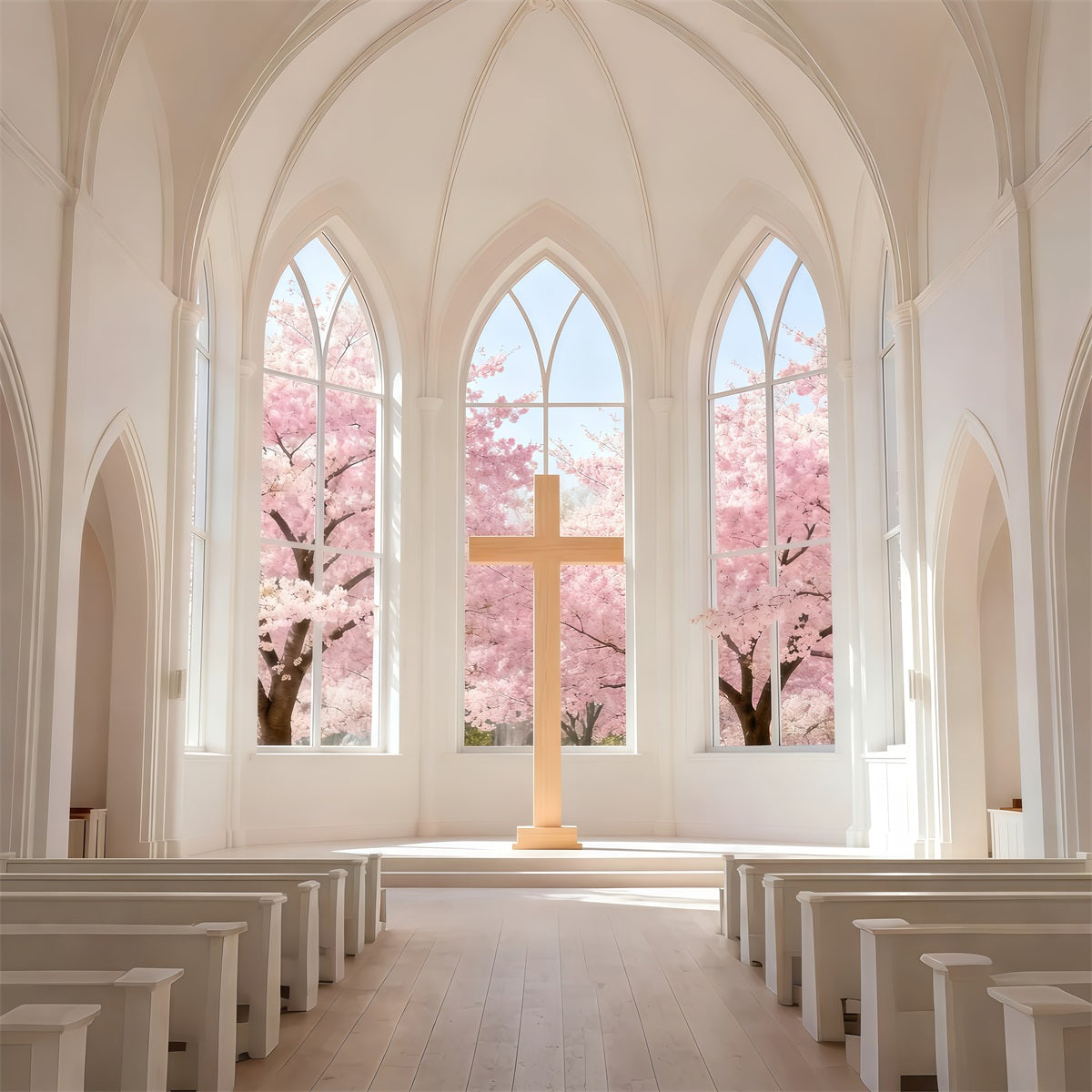 Kirchen-Osterhintergrund Kirschblütenkapelle Kreuz Einfache Osterhintergründe LXX61-46