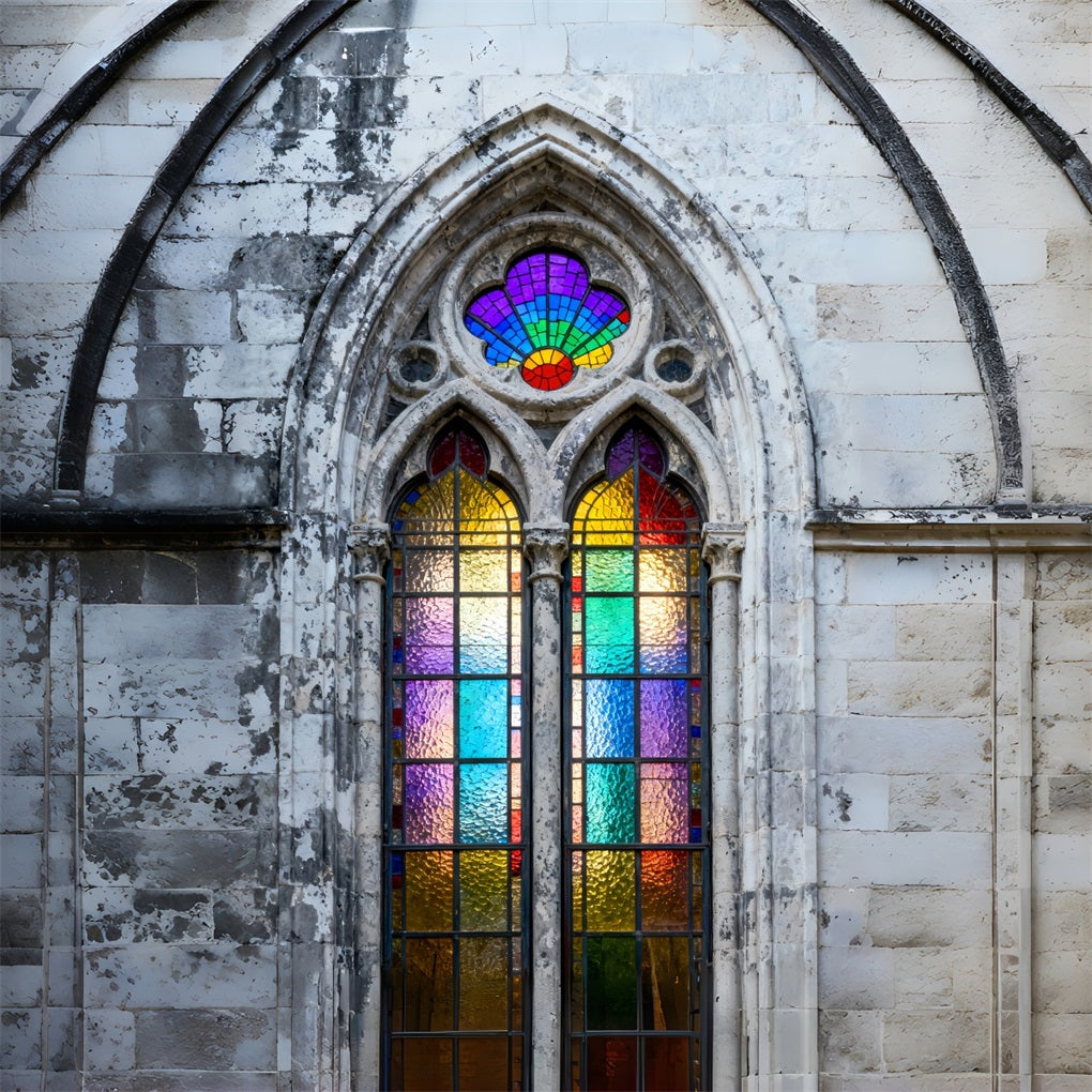 Ideen für Oster-Hintergründe für Kirchen Vintage-Steinkirche Regenbogen-Glas Einfacher Oster-Hintergrund LXX61-52