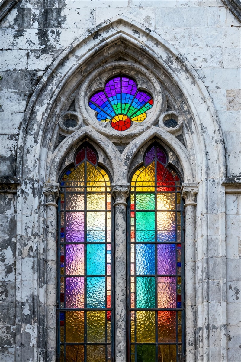 Ideen für Oster-Hintergründe für Kirchen Vintage-Steinkirche Regenbogen-Glas Einfacher Oster-Hintergrund LXX61-52
