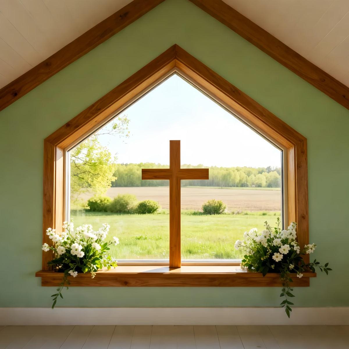 Osterkirchen-Hintergründe Sonnige Wiese Fenster Kreuz Großer Osterhintergrund LXX61-57