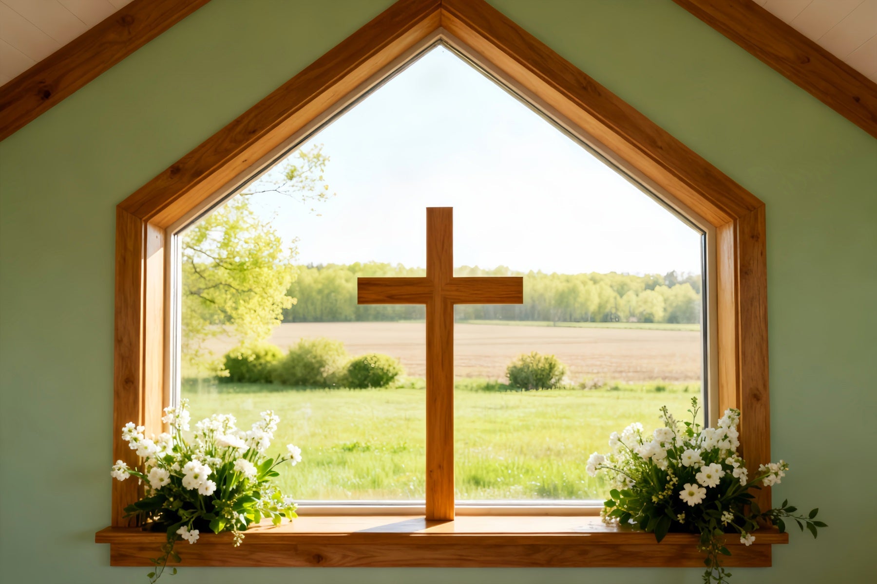Osterkirchen-Hintergründe Sonnige Wiese Fenster Kreuz Großer Osterhintergrund LXX61-57