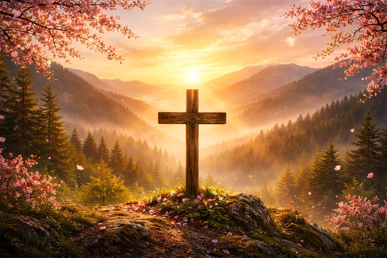 Christlicher Oster-Fotohintergrund Berg Sonnenaufgang Kreuz Herrlichkeit Einfache Osterhintergrund-Ideen LXX61-60