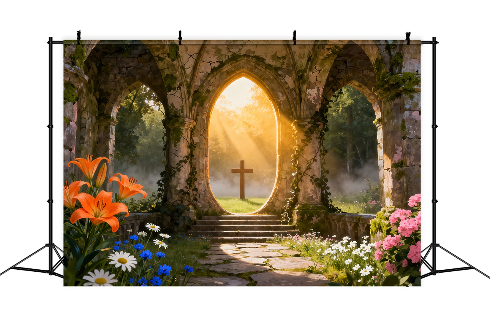 Ideen für Oster-Kulissen in Kirchen Sonnendurchflutete Ruinen Kreuz Gartenfotografie Oster-Fotokulisse LXX61-63