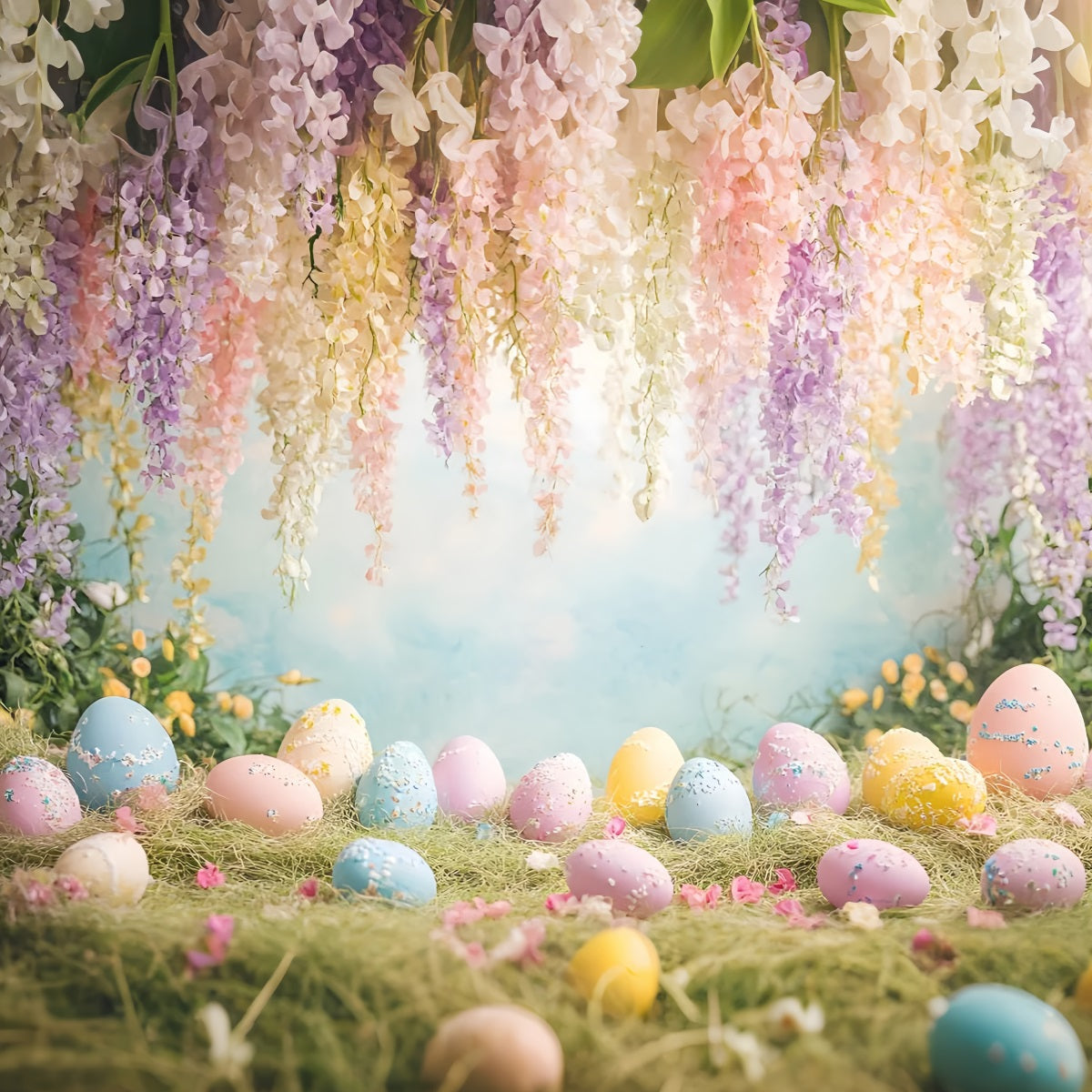Hintergrund mit Ostereiern Hängende Glyzinien Wildblumenwiese Hintergründe für Osterspiele LXX61-66