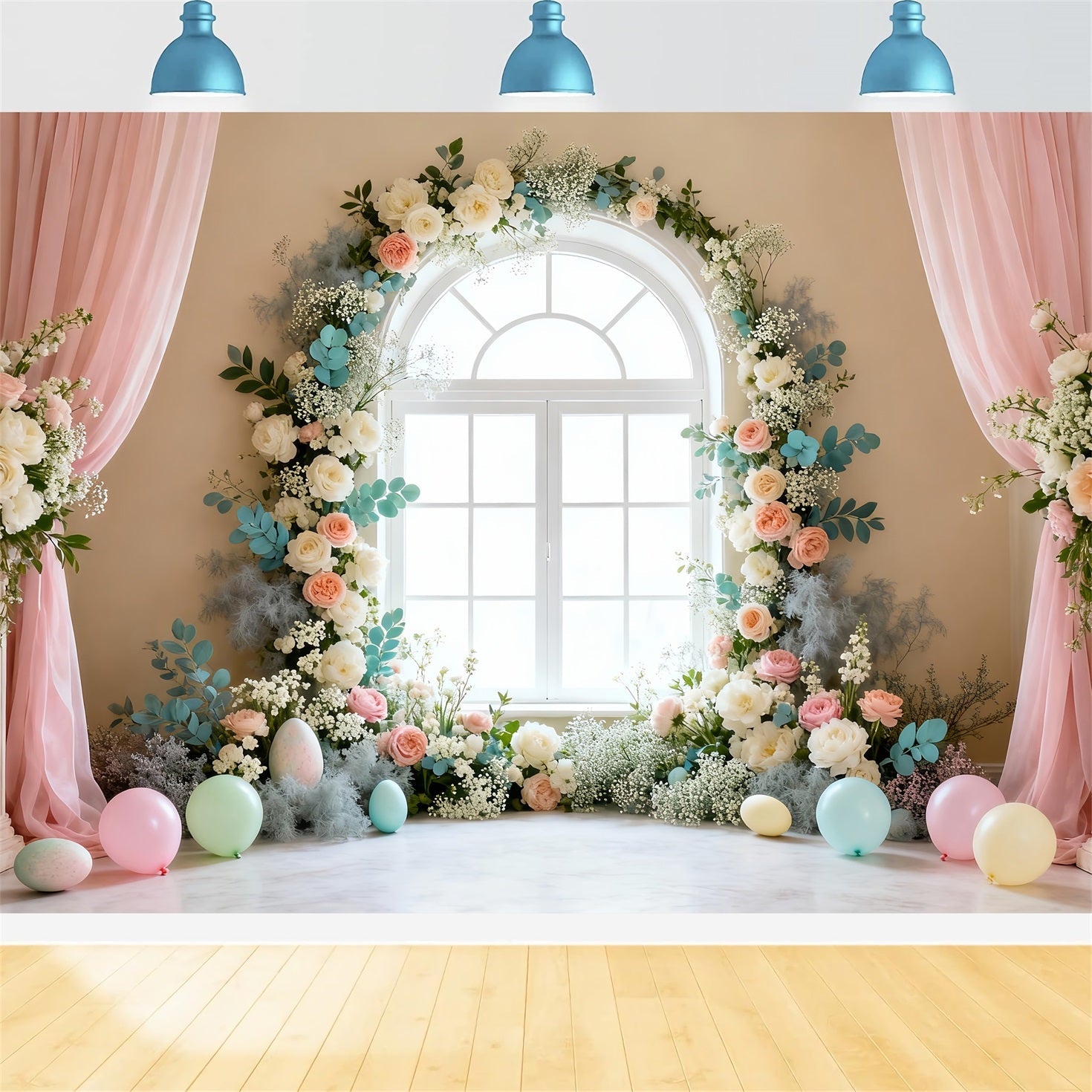 Oster-Frühlingshintergrund Eleganter Blumenkranz für Fenster Oster-Hintergrundbeleuchtung Studio LXX61-68