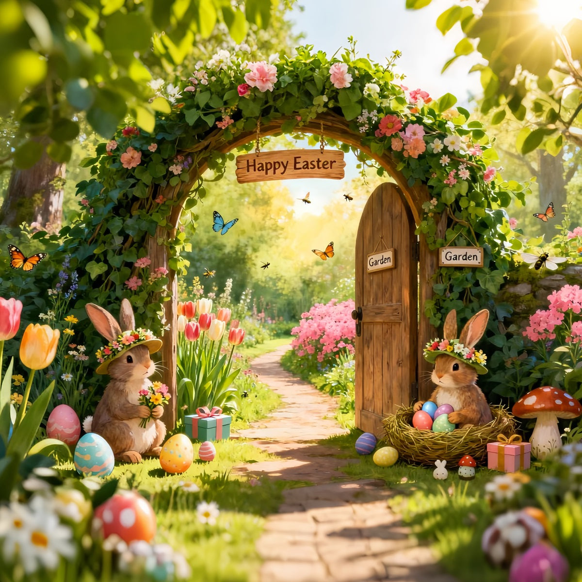 Hintergründe mit Osterhasen Verzauberter Garten Blumenbogen Fotoshooting Osterhintergrund LXX61-74