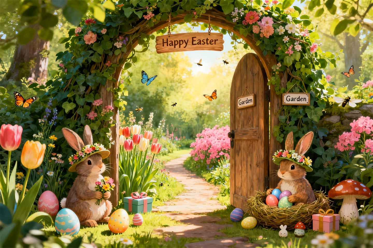 Hintergründe mit Osterhasen Verzauberter Garten Blumenbogen Fotoshooting Osterhintergrund LXX61-74