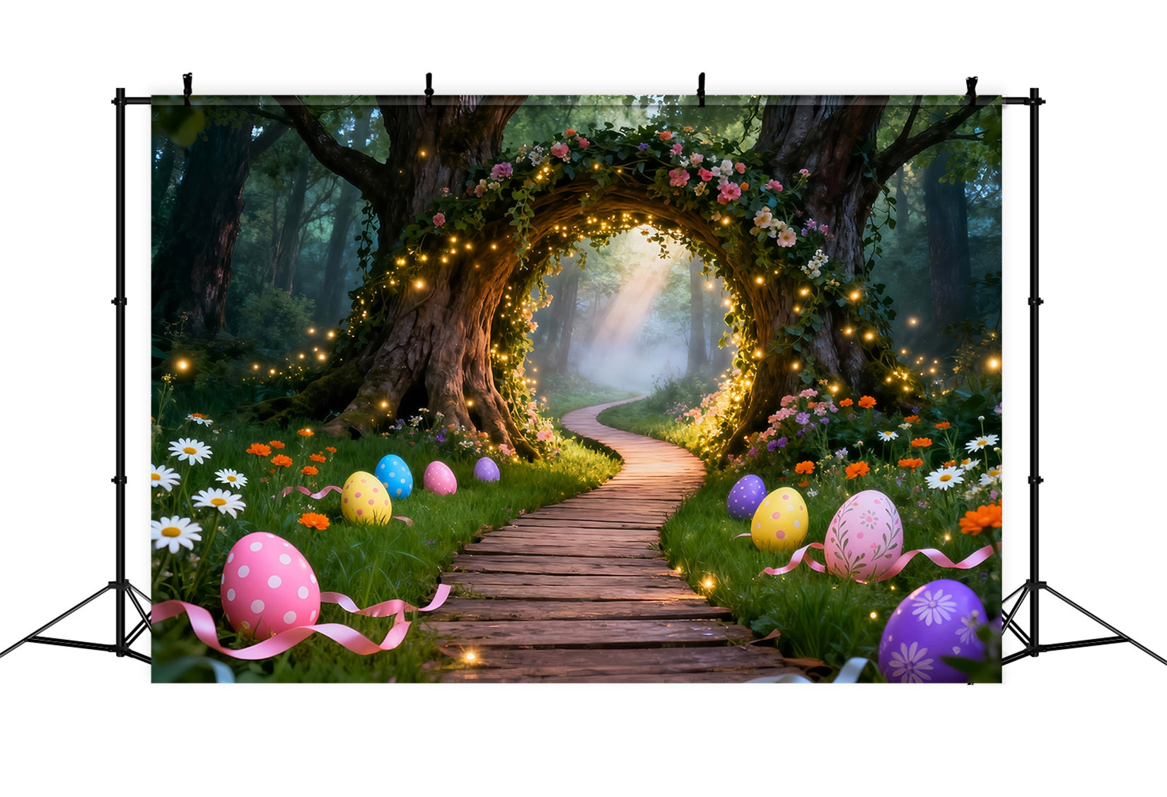 Hintergrund mit Ostereiern Verzauberter Wald Beleuchteter Bogenweg Ideen für Osterhintergründe im Freien LXX61-75