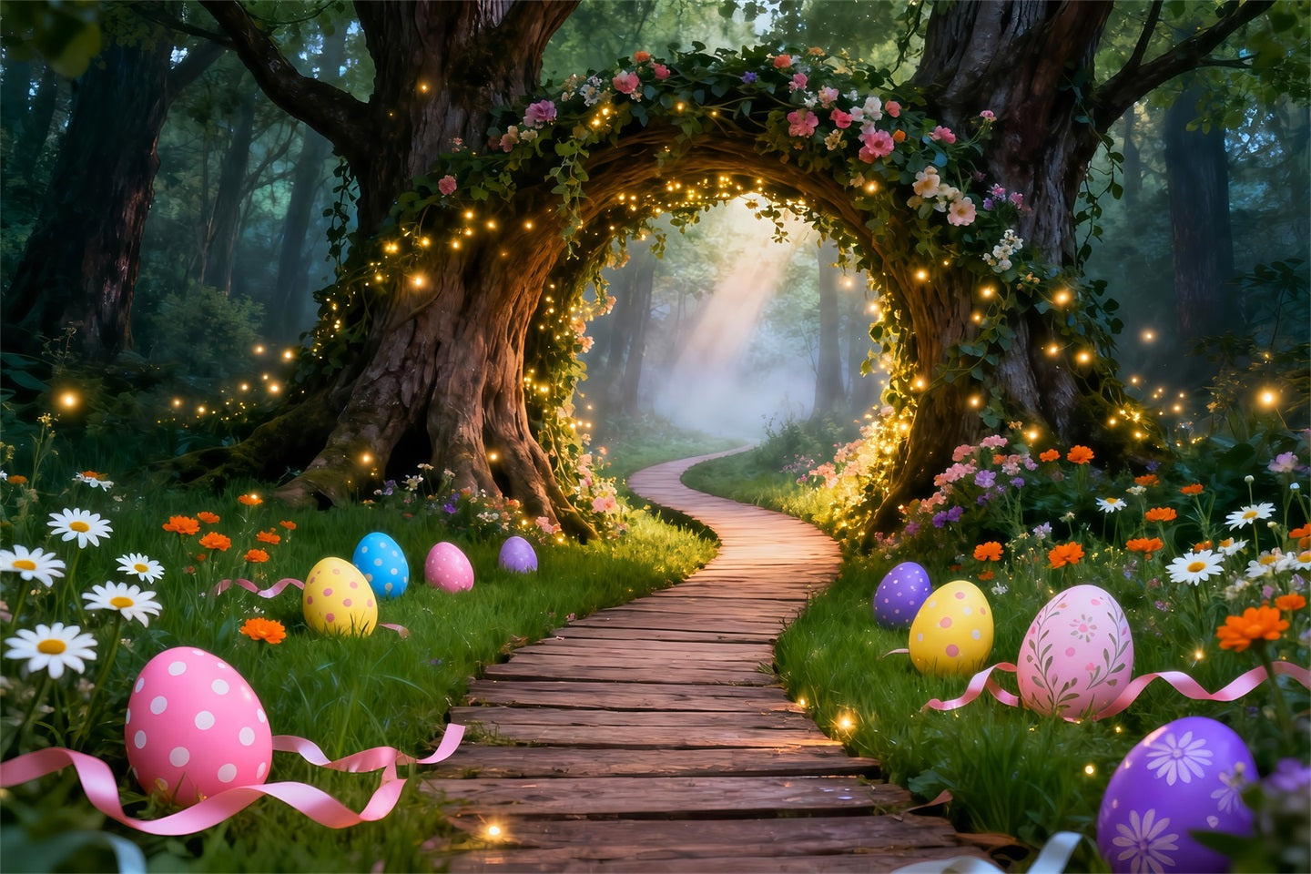Hintergrund mit Ostereiern Verzauberter Wald Beleuchteter Bogenweg Ideen für Osterhintergründe im Freien LXX61-75