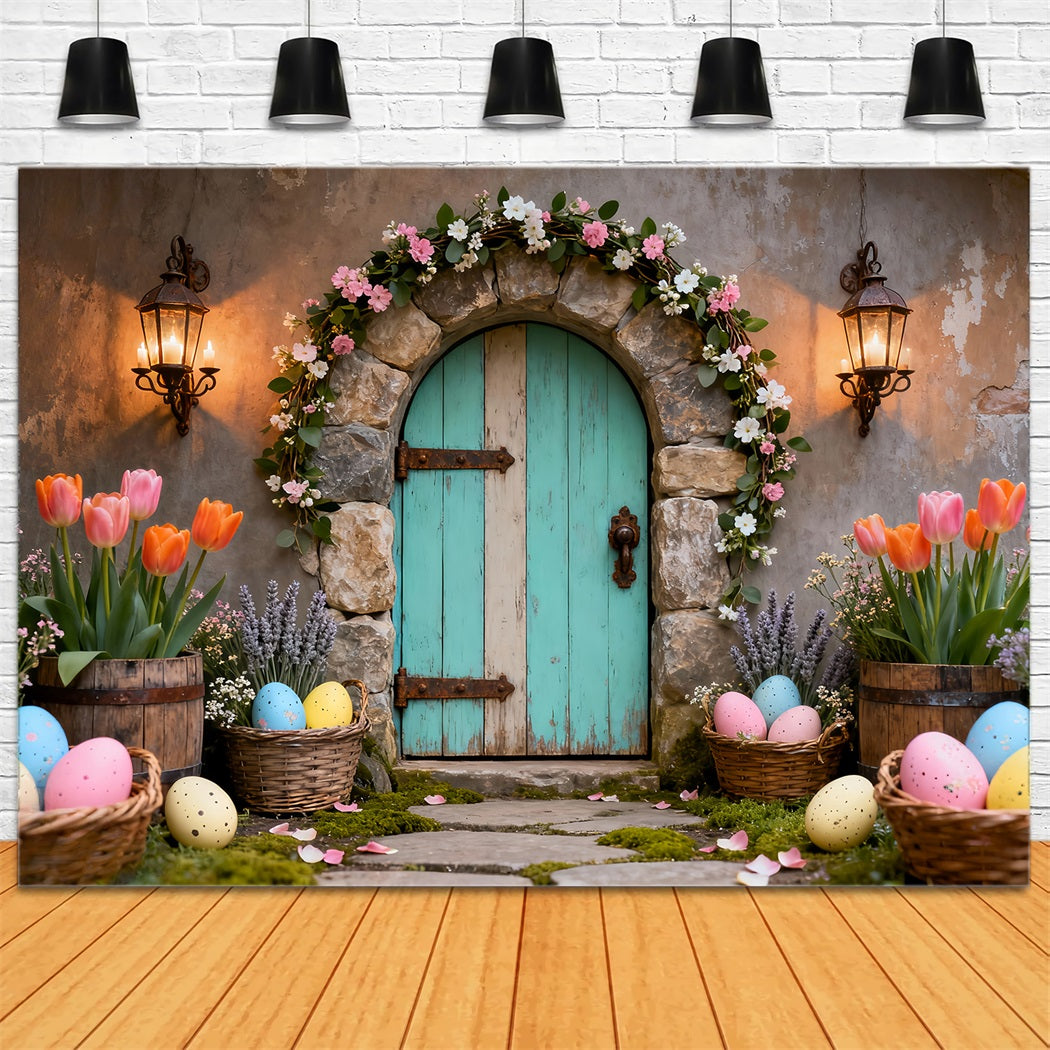Osterei-Fotohintergrund Türkisfarbene Tür Tulpenkorb Osterhintergründe Foto LXX61-80