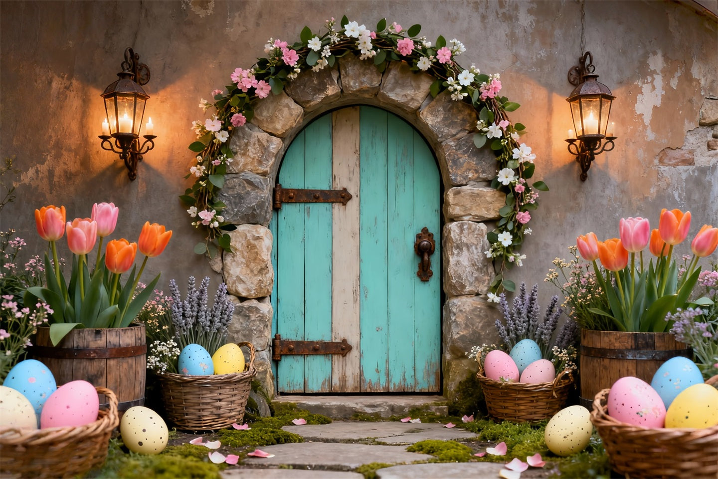 Osterei-Fotohintergrund Türkisfarbene Tür Tulpenkorb Osterhintergründe Foto LXX61-80