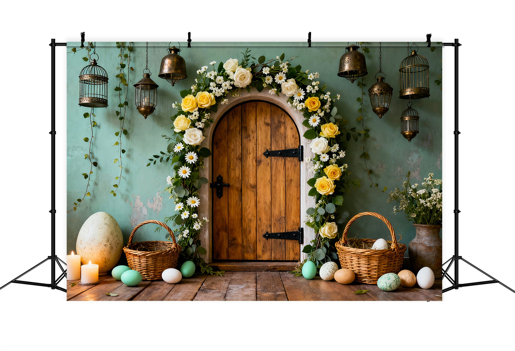 Osterei-Fotohintergrund Holztür Blumenbogen Mein erstes Osterfest-Hintergrund LXX61-82