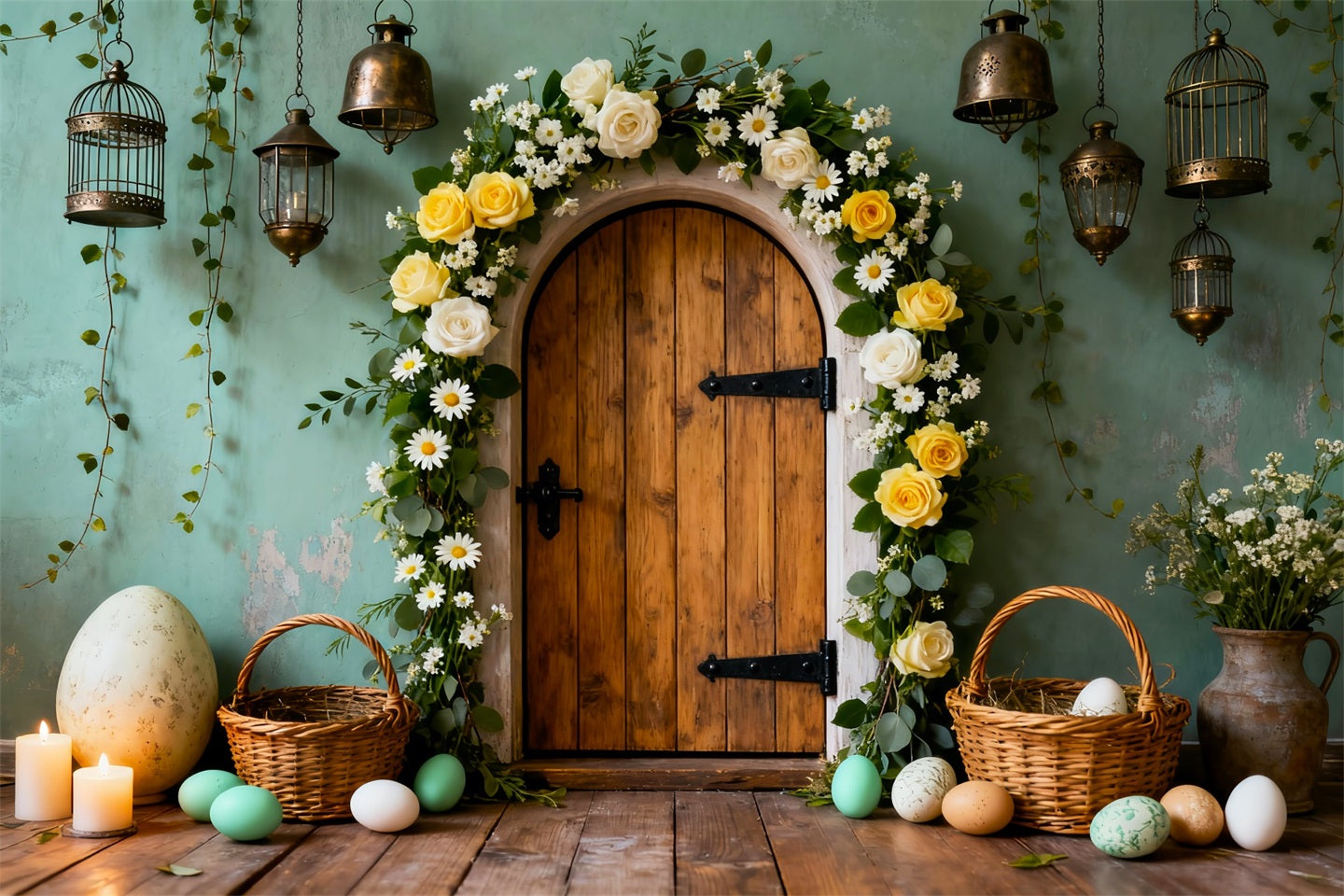 Osterei-Fotohintergrund Holztür Blumenbogen Mein erstes Osterfest-Hintergrund LXX61-82