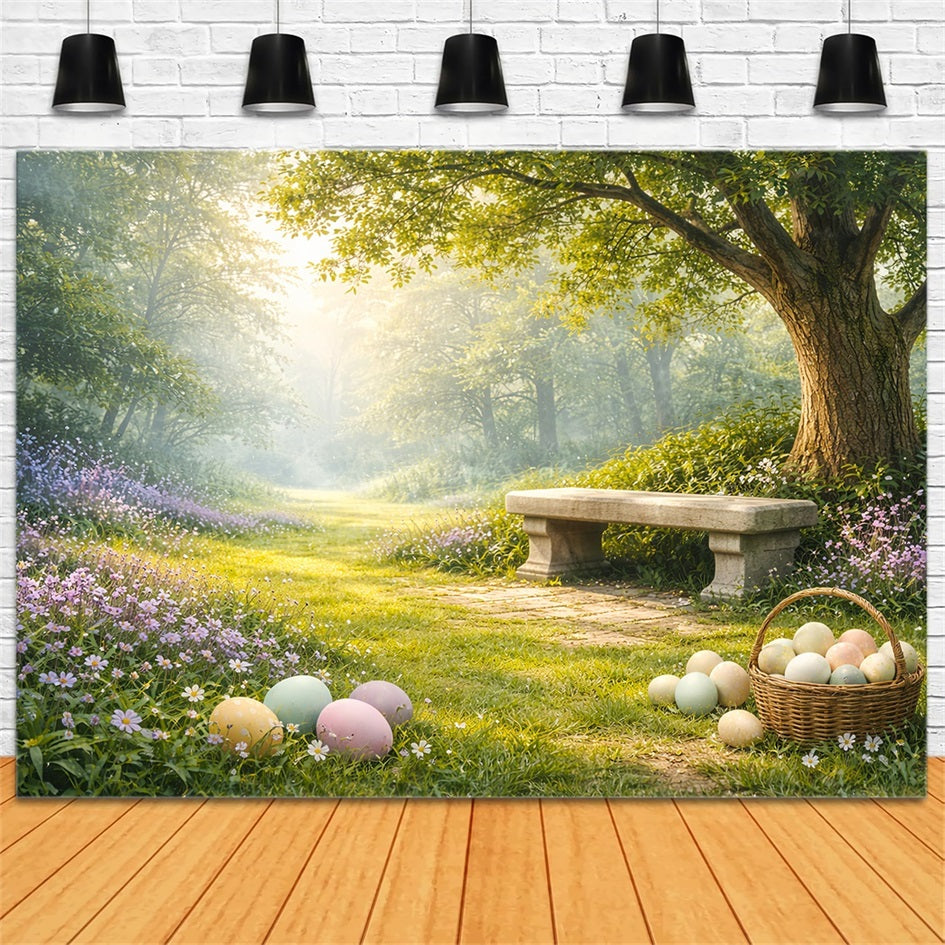 Rustikaler Osterhintergrund Sonniger Wald Wiese Bank Osterhintergründe für draußen LXX61-83