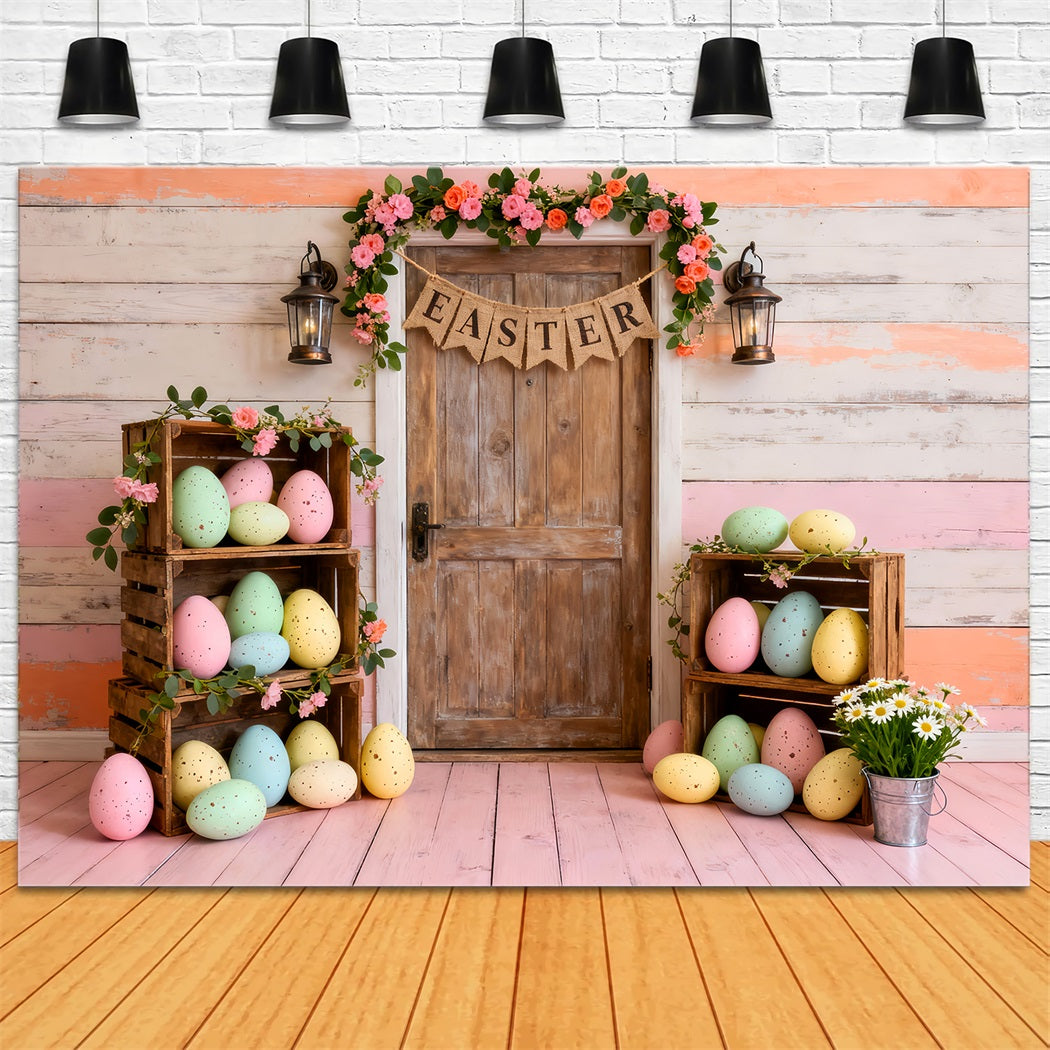 Ostereier-Hintergrund Pastellfarbene Kiste Holztür Osterparty-Hintergrund LXX61-84