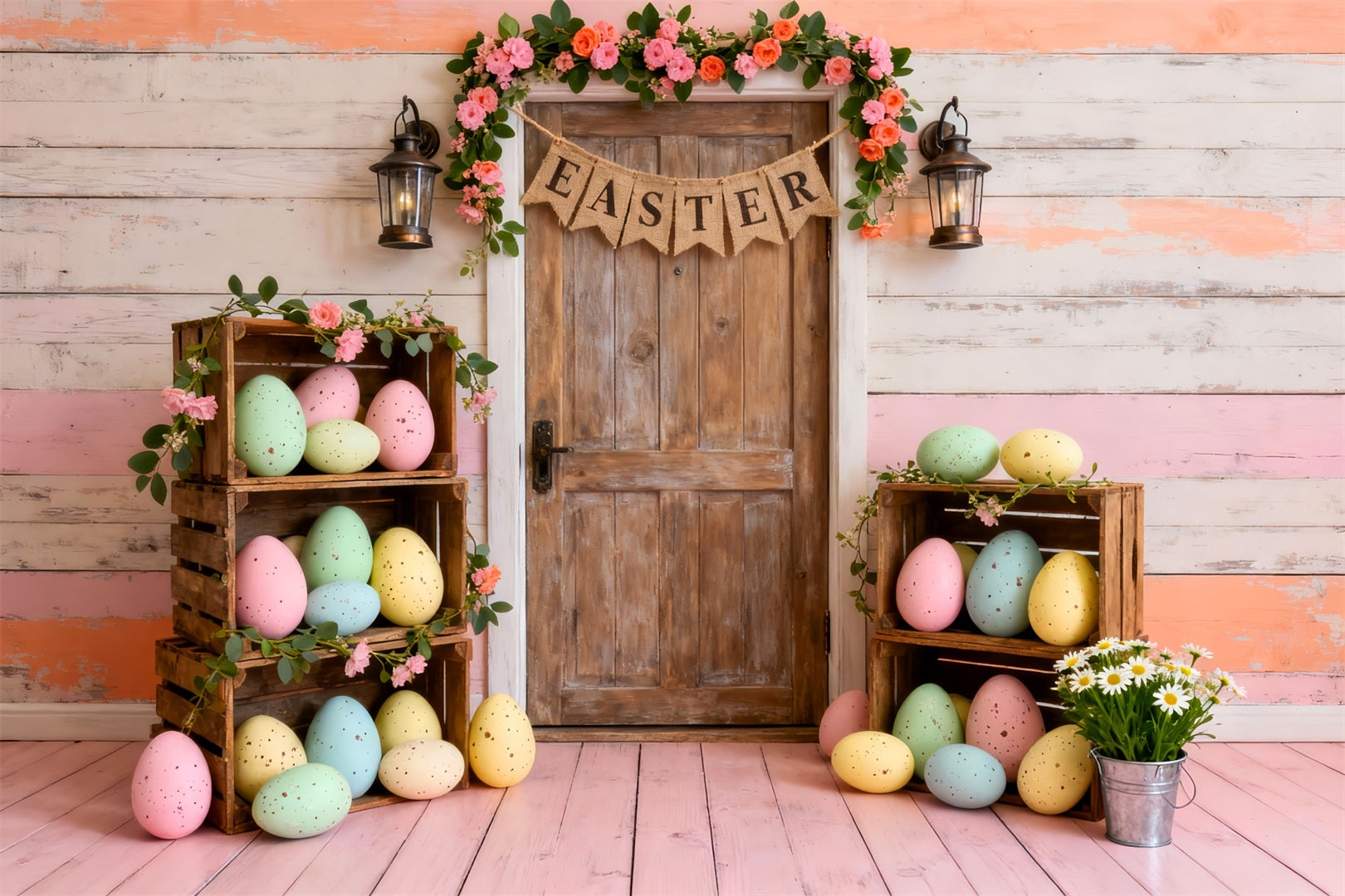 Ostereier-Hintergrund Pastellfarbene Kiste Holztür Osterparty-Hintergrund LXX61-84