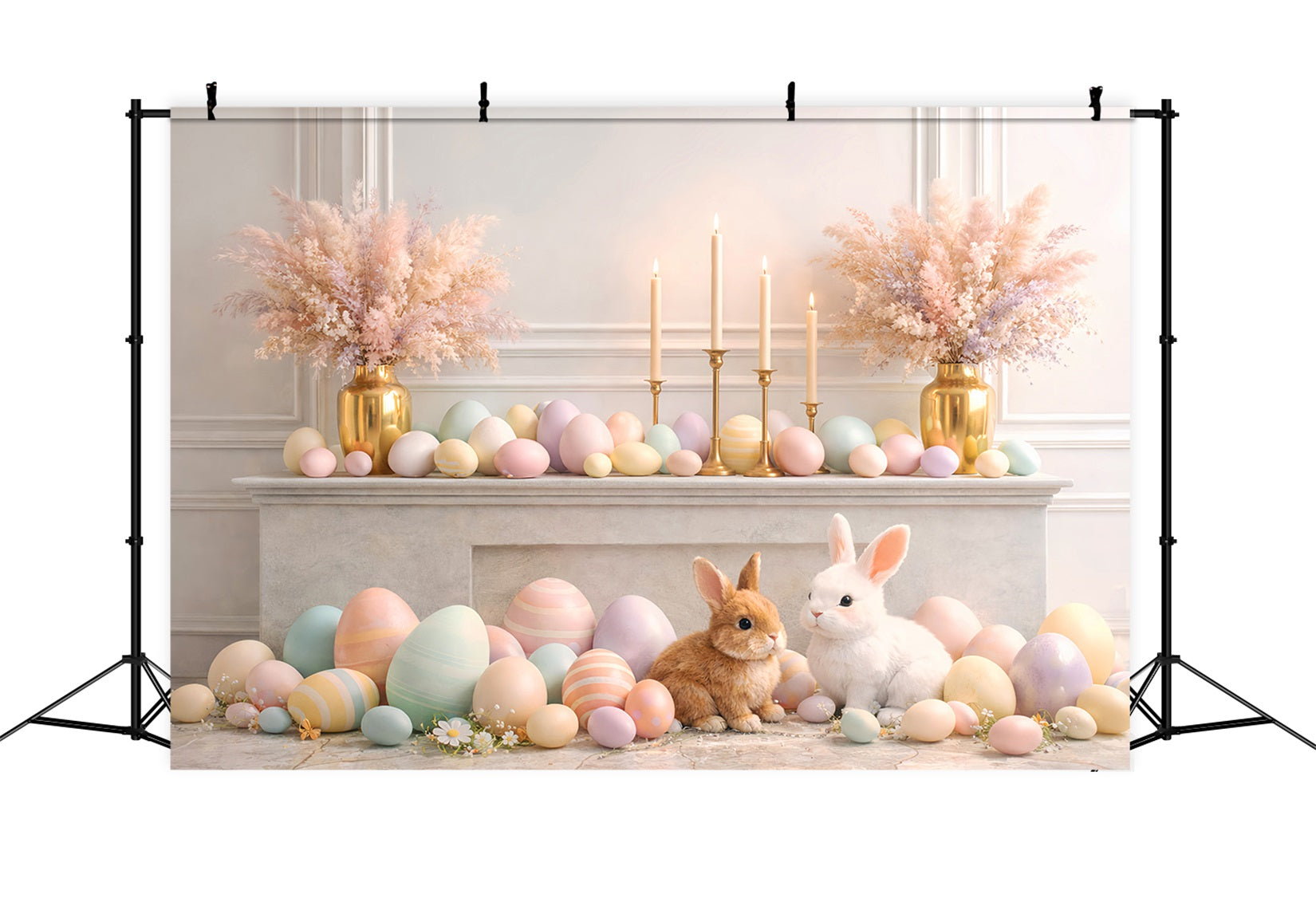 Ostereier-Hintergrund Eleganter Kaminsims Hase Retro-Wand Oster-Hintergrund Foto LXX61-86