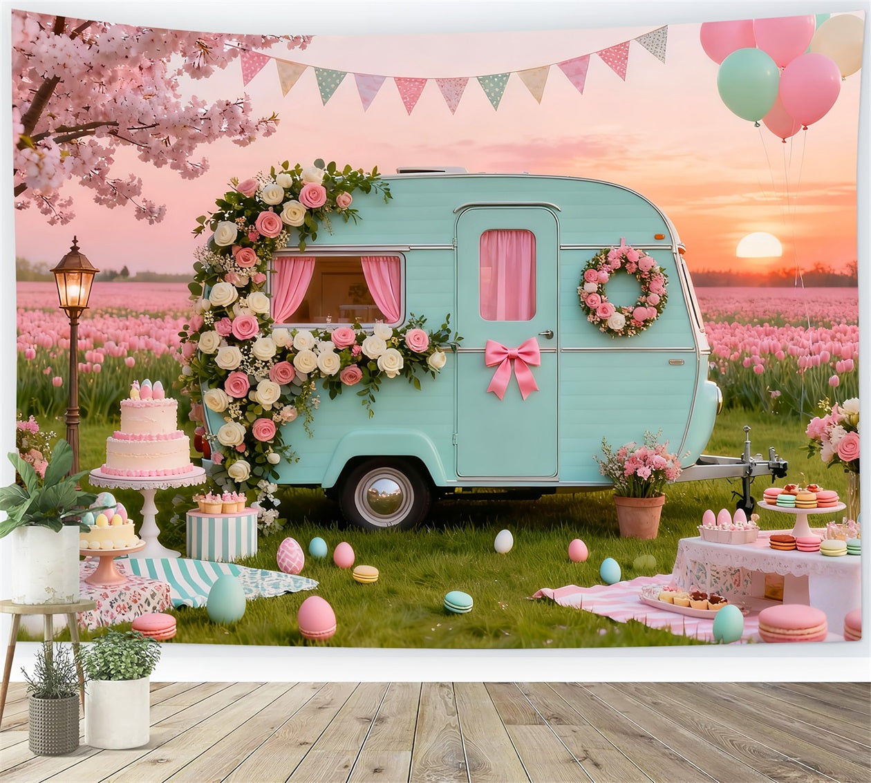 Eier-Hintergrund Vintage Blumen Caravan Picknick Hintergrundideen für Osterbilder LXX61-91