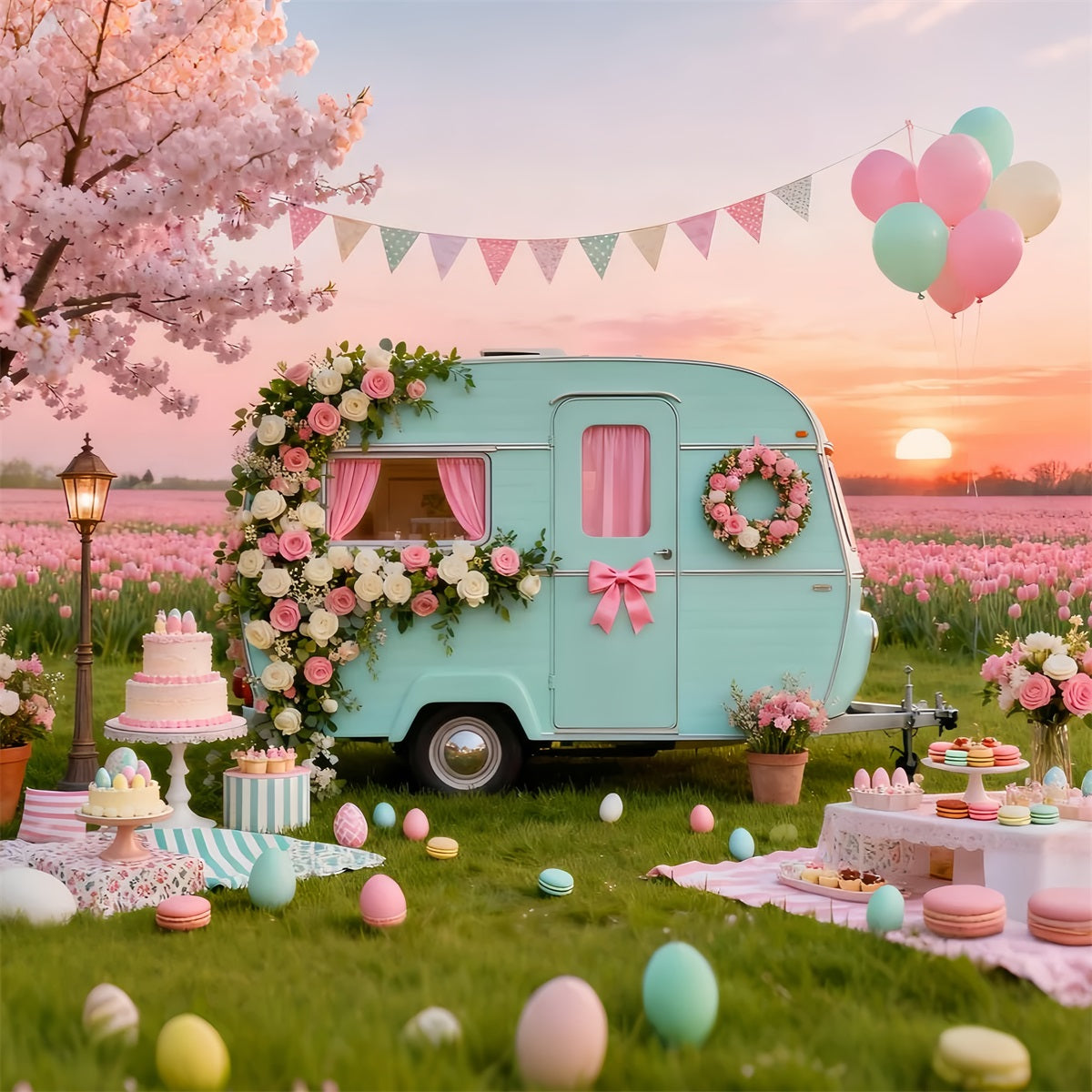 Eier-Hintergrund Vintage Blumen Caravan Picknick Hintergrundideen für Osterbilder LXX61-91