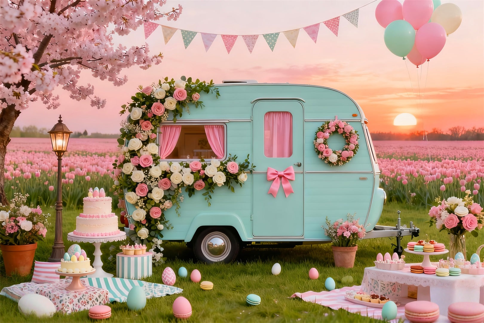 Eier-Hintergrund Vintage Blumen Caravan Picknick Hintergrundideen für Osterbilder LXX61-91