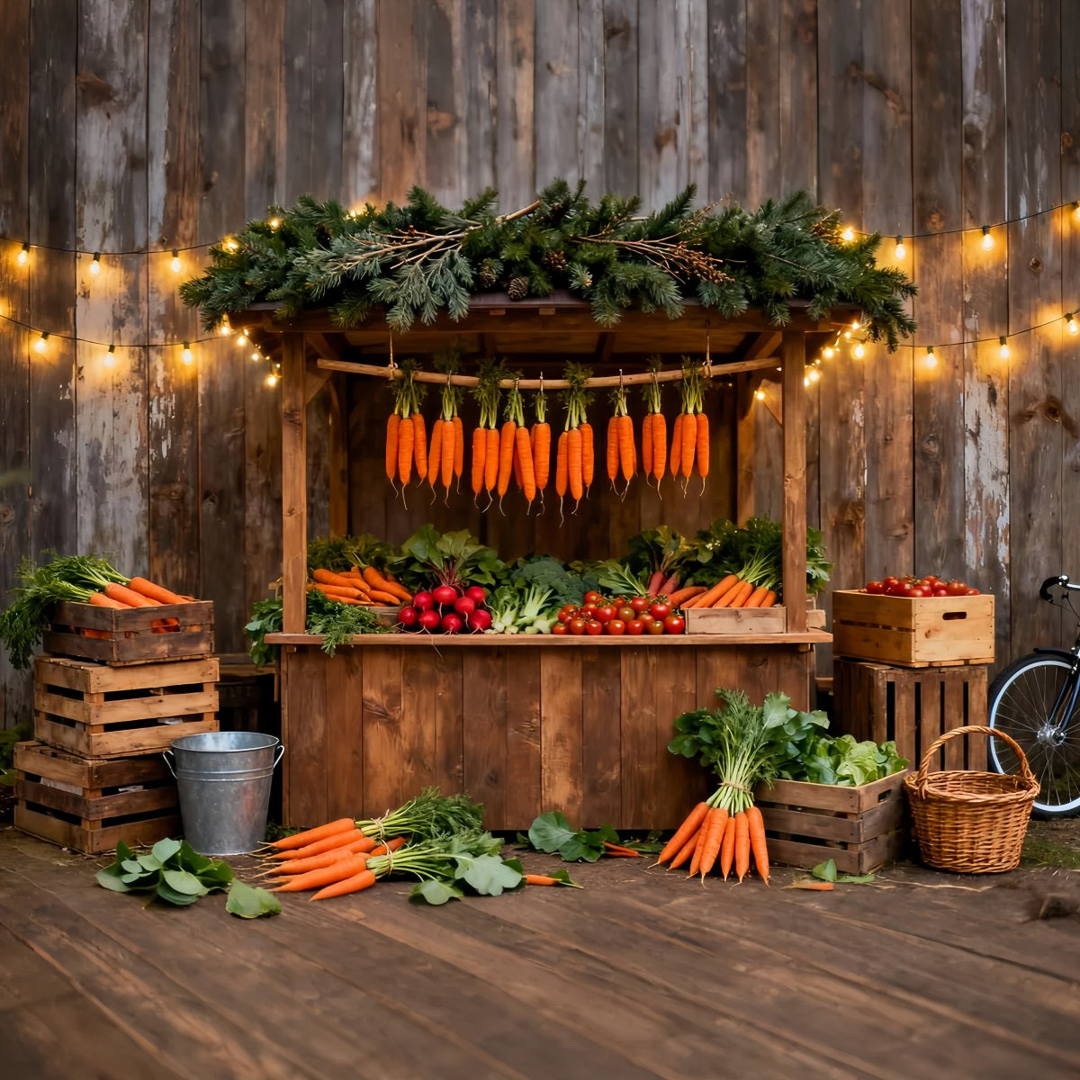 Karotten-Hintergrund Rustikaler Marktstand Lichterketten Oster-Fotohintergründe LXX61-97