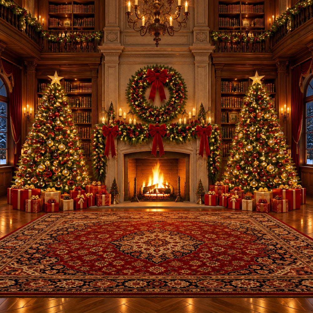 Weihnachtlicher Fotohintergrund Verzierte Bibliothek Kamin Kranz LXX610-151