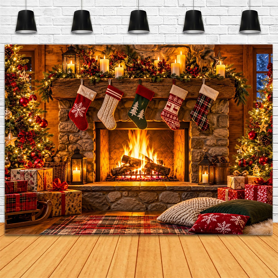 Weihnachtskamin-Hintergrund Rustikales Zimmer Weihnachtssocken LXX610-154
