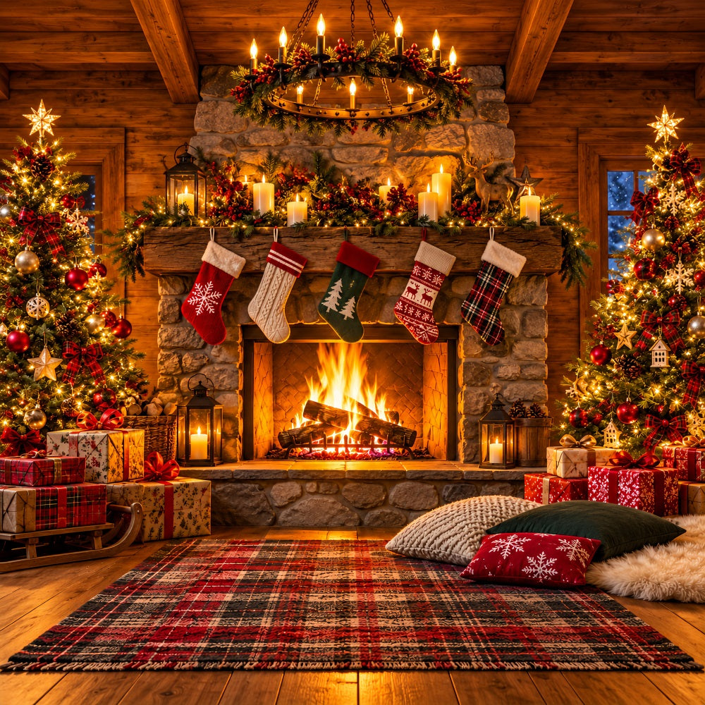Weihnachtskamin-Hintergrund Rustikales Zimmer Weihnachtssocken LXX610-154