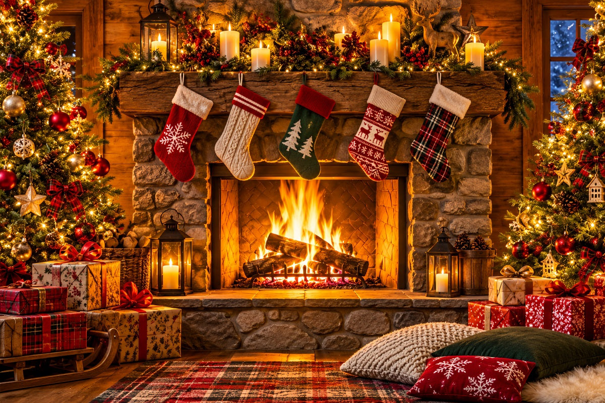 Weihnachtskamin-Hintergrund Rustikales Zimmer Weihnachtssocken LXX610-154