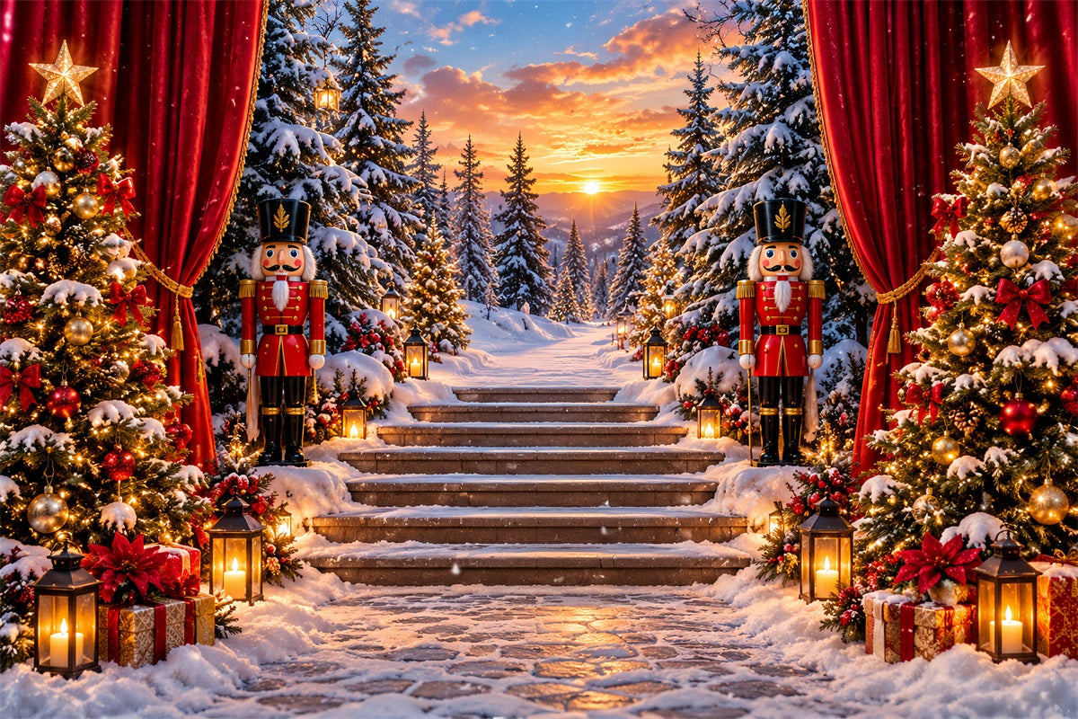 Weihnachtlicher Themenhintergrund Waldsonnenuntergang Verschneite Treppe Nussknacker LXX610-159