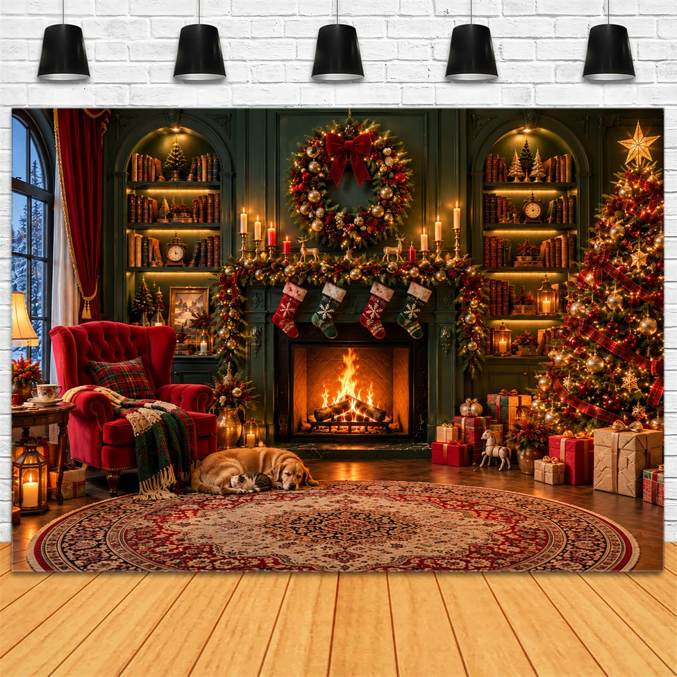 Weihnachtskamin-Hintergrund Gemütliches Wohnzimmer Smaragdgrüne Wand LXX610-160