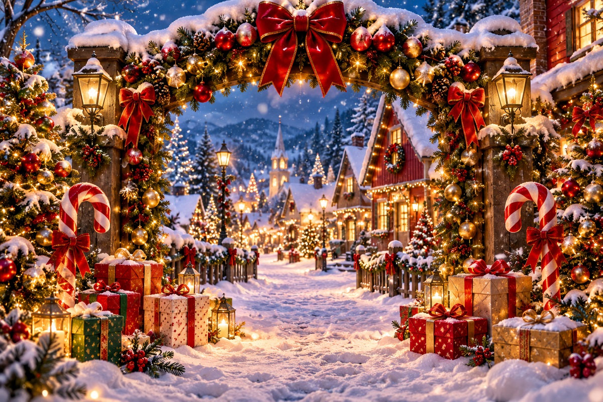 Weihnachtsdorf-Hintergrund Verschneites Zuckerstangentor LXX610-162
