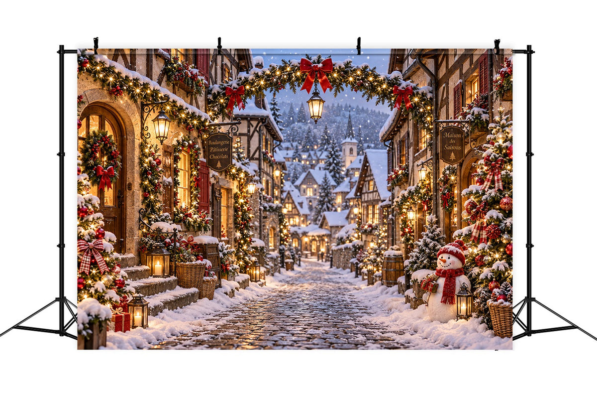 Weihnachtsdorf-Hintergrund Schneemann Laterne Winterstraße LXX610-164