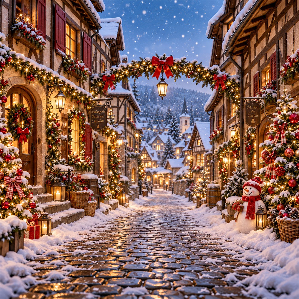 Weihnachtsdorf-Hintergrund Schneemann Laterne Winterstraße LXX610-164