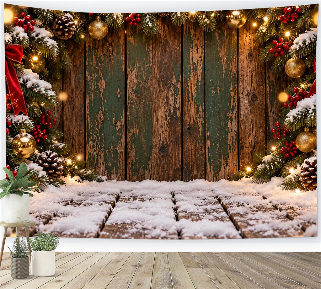 Weihnachtlicher Hintergrund Verwitterte Grüne Holzbretter Girlande LXX610-166
