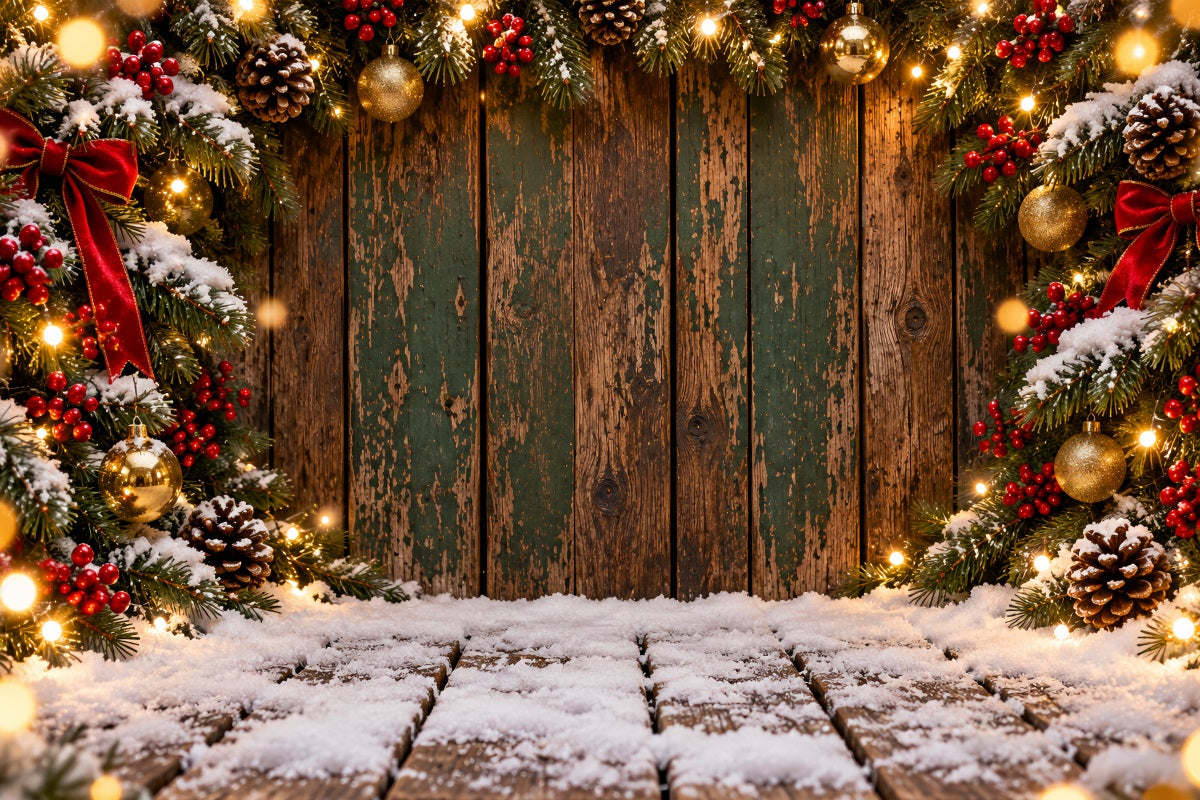 Weihnachtlicher Hintergrund Verwitterte Grüne Holzbretter Girlande LXX610-166