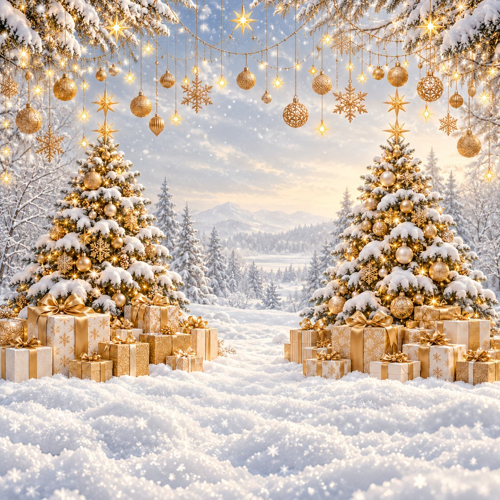 Weihnachtlicher Fotohintergrund Goldener Sonnenuntergang Verschneiter Wald LXX610-171